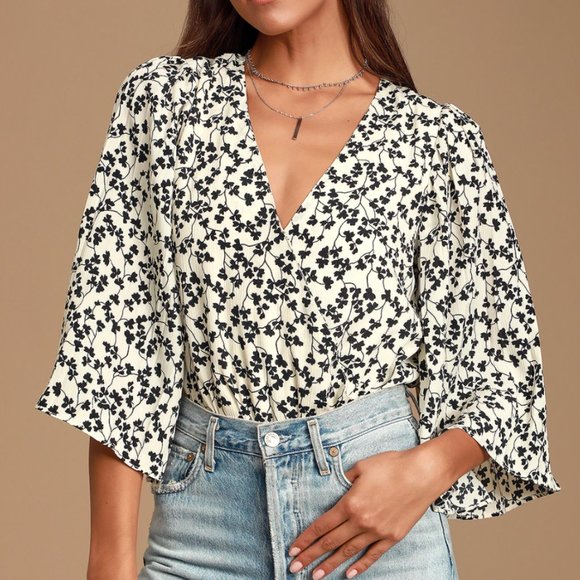 Cream Print Pleated Sleeve Bodysuit - Picture 1 of 9